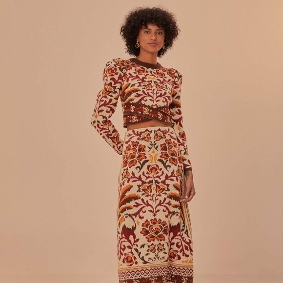 FARM RIO Cream Toucans scarf knit top farmrio.com - Picture 1 of 2